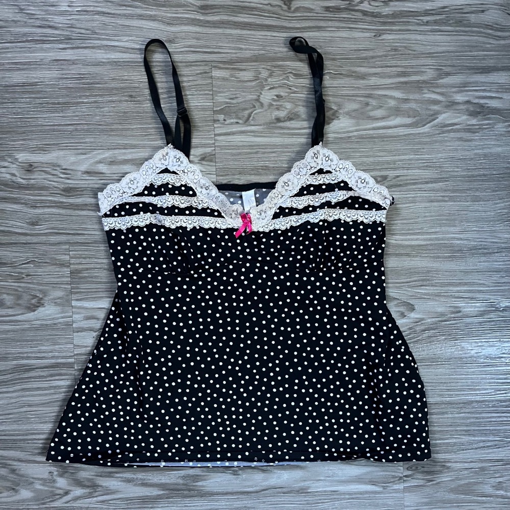 Marilyn Monroe Polka Dot Camisole Top Black White Lace Trim Pink Bow Size M